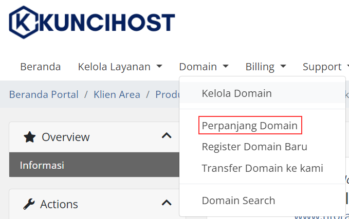 client area - perpanjangan domain