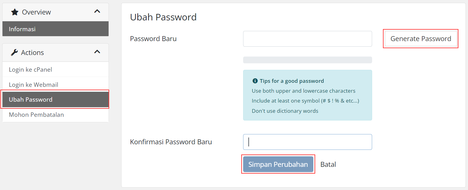 client area - kelola layanan ubah password