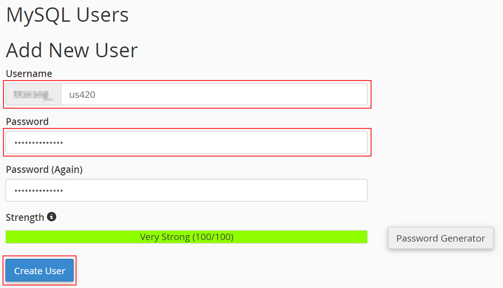 mysql database - new user