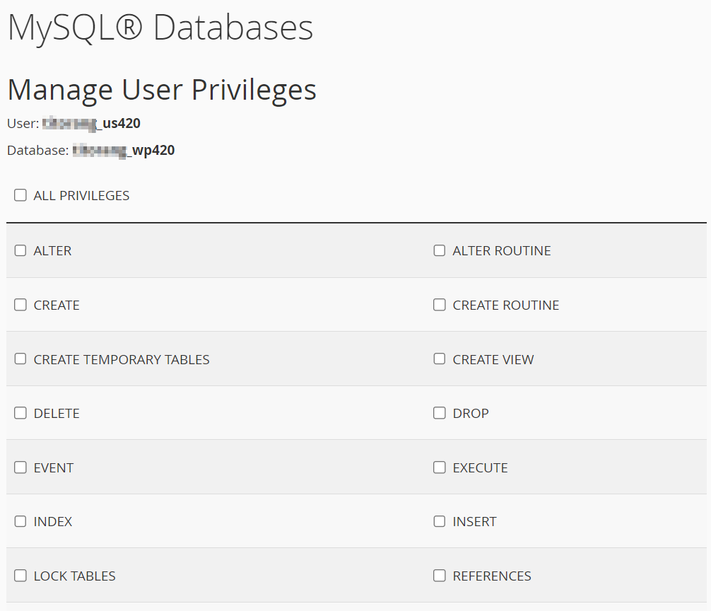 mysql database - user privileges